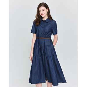 헤지스 여성 25SS 티어드 헤지 데님 반소매원피스 딥블루 HSDR5B301B3