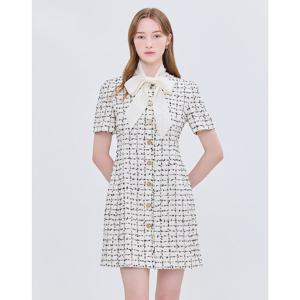 질스튜어트 뉴욕 여성 25SS 시즌오프 화이트 체크 리본타이 탈부착 코튼혼방 반팔 트위드원피스 JSDR5B200OW