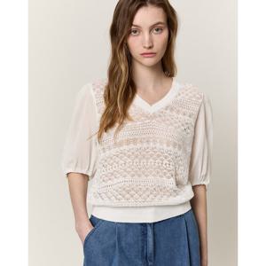 아떼 바네사브루노 여성 25SS 시즌오프 화이트 소재배색 린넨혼방 반팔 5부 썸머 니트 VLSW5B303WT