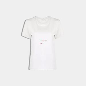 생로랑 여성 미니로고 페인트 프린팅 라운드 반팔티셔츠 베이지 686229 Y36QP 8520