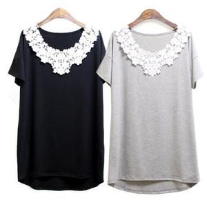 [해피통통] 여성 레이스 모티브 반팔 티 빅사이즈 여름 정장 티셔츠 오피스옷 시원한 여름용 쿨티 여성의류