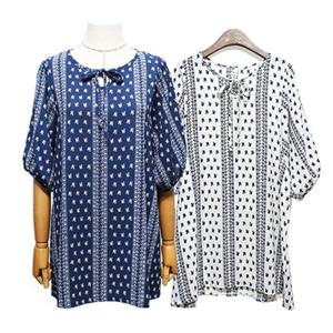 해피통통 빅사이즈 나염 5부소매 리본 블라우스 여성 쿨 루즈핏