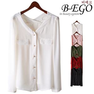 [비에고]C012_공갈포켓 브이넥 블라우스