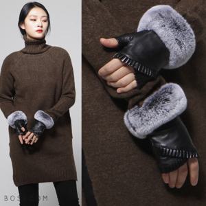 [보스룸]여자 풍성 렉스 퍼 양가죽 반 가죽장갑 블랙