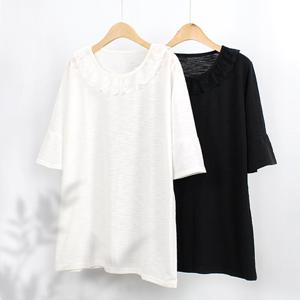 [해피통통] 여성빅사이즈 플라워 레이스 5부소매 티 슬라브 티셔츠 여성의류