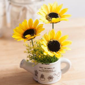 해바라기 조화 화분 시크주전자 set 18cm 인테리어 꽃 테이블 장식 소품 금전화 풍수