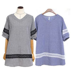 [해피통통] 빅사이즈 리플체크 반팔블라우스 여성정장 브이넥 여름블라우스 여성의류