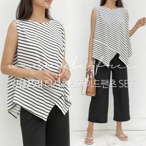 [미씨엘라] 도미노 스트라이프 티셔츠&와이드 팬츠 SET