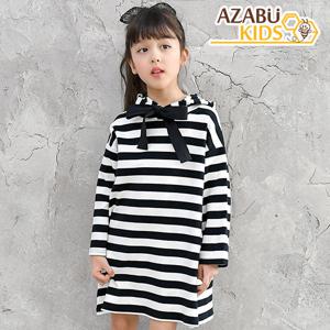 [아자브키즈] 넓은 단가라 후드 원피스 아동 여아 스트라이프