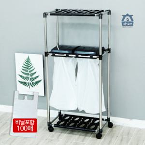 참생활 이동식 재활용 분리수거함 2P 2단 밀폐형 비닐100매