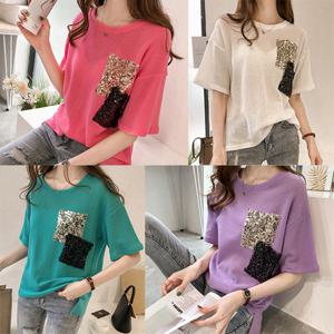 [유니제이] 사각 스팽글 포인트 반팔티셔츠 WTSH9424