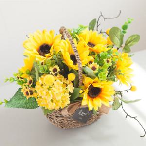 해바라기 조화 바구니 방울 set 33cm 인테리어 꽃 테이블 장식 소품 금전화 풍수 행사