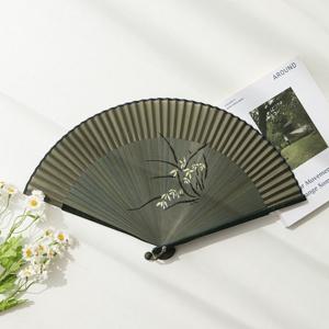 [박씨상방] (국내제작)고급 실크 그린난초 대나무 접부채