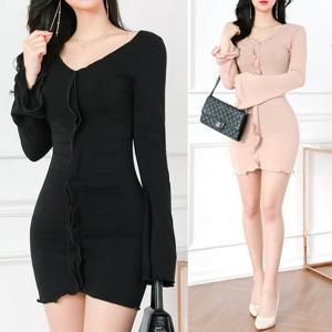 여성 브이넥 물결 프릴 셔링 쫀쫀 슬림핏 섹시원피스_OPS2430