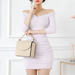 여자 파스텔 골지 오프숄더 셔링 슬림핏 섹시원피스_OPS2433