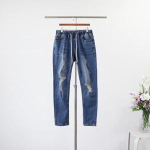 엠클로 남자 빅사이즈 슬림핏 스판 밴딩 디스트로이드 중청 데님팬츠 3XL