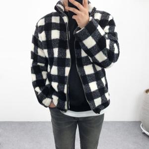 엠클로 남자 오버핏 빅사이즈 뽀글이 체크 후리스 집업 자켓