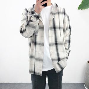 엠클로 오버핏 레이어드 옆트임 체크 후드 박스셔츠 남방 3컬러