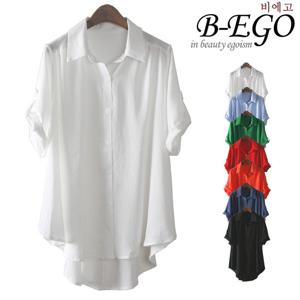 [비에고]C822_카라오픈 롤업 반팔 블라우스