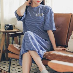 국산 1987 줄무늬 반팔 순면 롱원피스 잠옷 홈웨어