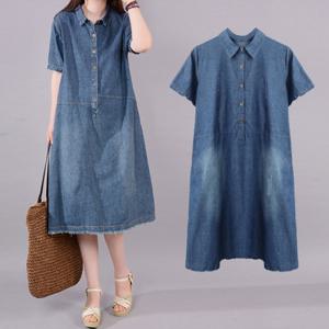 [유니제이] 라스 워싱 데님 반팔 원피스
