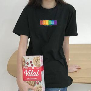 [험블] 무지개 프린팅 오버핏 커플 라운드넥 반팔티 블랙