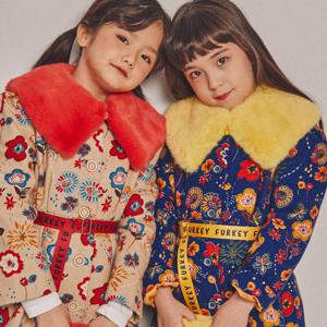 퍼키 레트로플라워 벨트 원피스 여아 겨울누빔 아우터