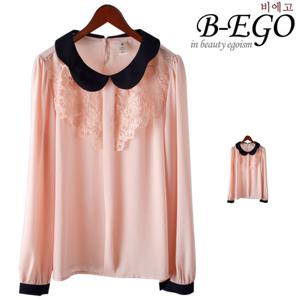 [비에고]3024BG_레이스 배색 카라 블라우스