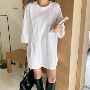 [옷자락]여자 봄 가을 데일리 레이어드용 오버 반팔 롱 티셔츠