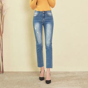 [진마니아] 허리 히든밴드 스크레치 연청 밑단컷팅 스판 일자진