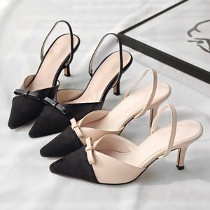 [바닐라슈] 솔렌스 슬림 V컷 배색 리본 슬링백 펌프스(7cm)