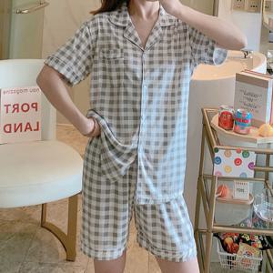 어나더뷰 미니체크그레이 여성 반팔 파자마 상하세트 1003