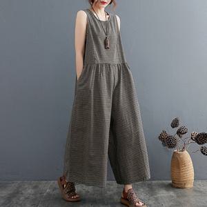 [유니제이] 러퓨 체크 민소매 와이드 점프수트