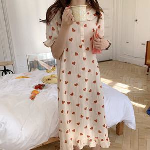 하트 반팔 잠옷원피스 요루면 롱 여행 러블리 드레스