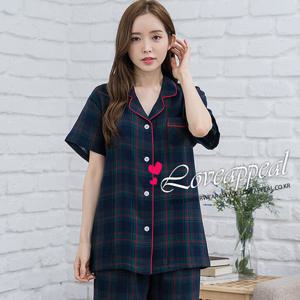 [러브어필]이중 거즈면 선염체크 반팔 카라 상하 여자잠옷WP9493