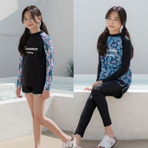 [리틀맘]초등학생 주니어 여아 수영복 긴팔 래쉬가드 세트 3PCS