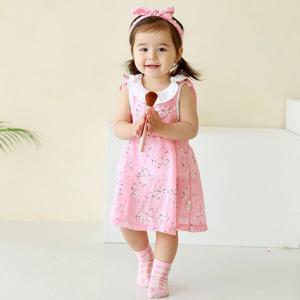 [베베샤]유아 아기 여름 원피스 +헤어밴드 세트 끈 조절 핑크 헤어밴드 원피스세트