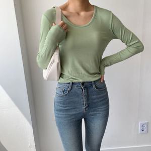 여자 찰랑 스판 쫄티 솔리드 타이트 긴팔 티셔츠