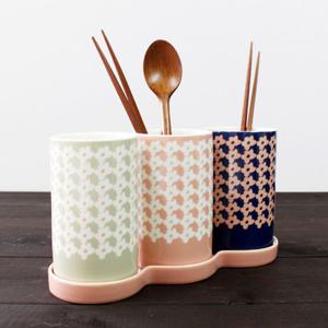 푸코 플라워 패턴 3단 도자기 수저통 수저꽂이