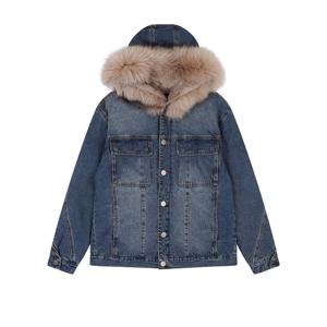 유니)라쿤 후드 트리밍 퍼 데님자켓 AO4DDJ744-DB