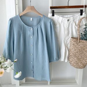 샵앤) 국산 여성스런 노카라 셔링 퍼프소매 7부 블라우스 REI-WBL-4358-민트