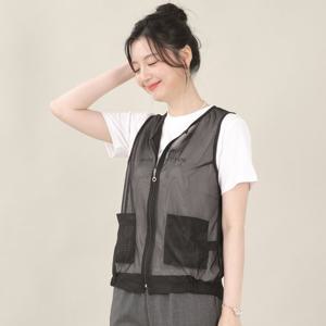 애비뉴투지 엄마옷 밑주름 그물 망사 여름 주머니 지퍼 시스루 조끼 V08336