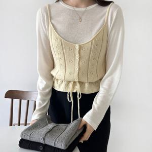 샵앤) 여성 끈나시 단추 펀칭 레이어드 뷔스티에 니트 조끼 NYS-WVS-4795-그레이