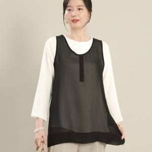 애비뉴투지 엄마옷 장식 앞단추 쉬폰 시스루 봄 여름 라운드 조끼 V04001