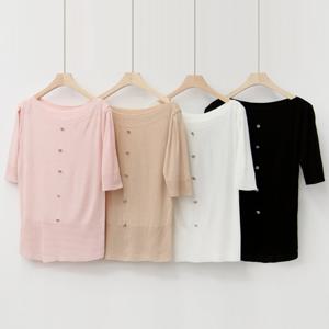 샵앤) 국산 여성 보트넥 5부 반팔 슬림핏 니트 티셔츠 BDR-WKN-2293-블랙-z