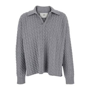 AMI PARIS Grey Polo Shirt with Woven Design in Wool Woman UPL403KN0104050