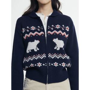 [빈폴레이디스] 울 혼방 베어 자카드 집업 카디건  네이비 (BF595AC05R)