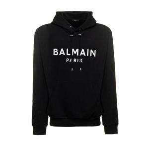 BALMAIN 대조적인 로고 프린트가 있는 코튼 맨 블랙 후디 DH1JR002BB65EAB