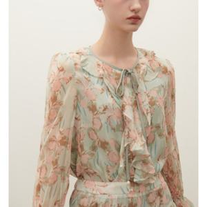 [샤틴]리본끈 프릴 러플프린팅 쉬폰블라우스S253B267A60