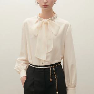 [샤틴]큐빅.진주장식넥  리본타이 블라우스S254M254A03